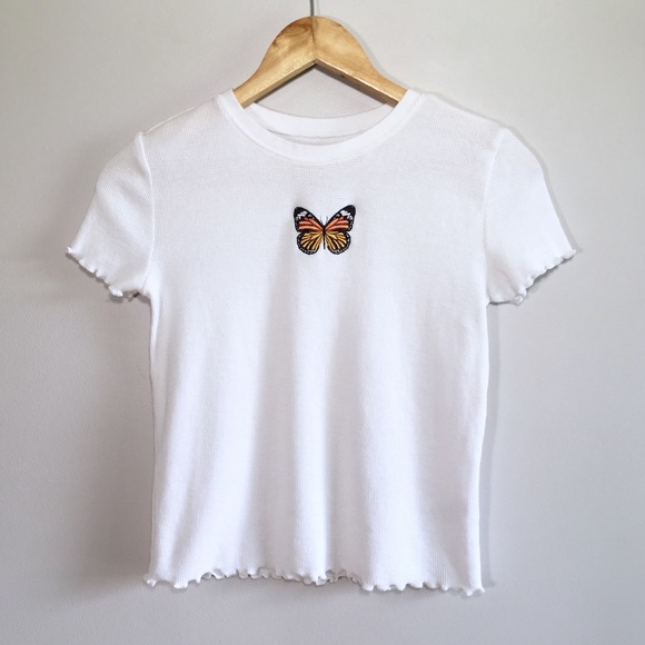 Harlow Tops - Lettuce Trim Butterfly White Ribbed 90’s Style Tee